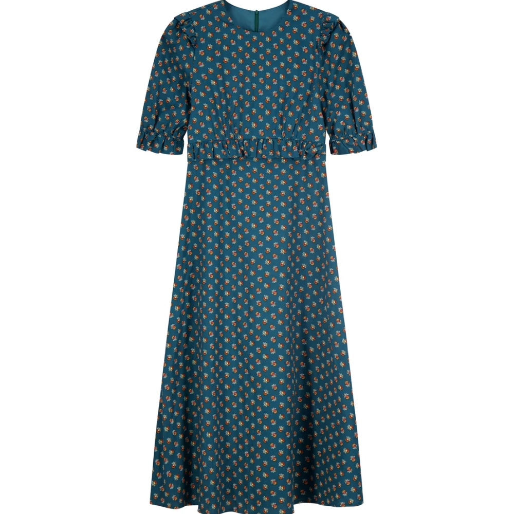 Bliss Blue Midi Dress with Puff Sleeves and Crew Neck